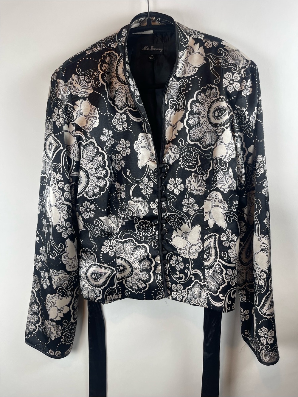 Vintage Msk Evening Satin Black & White Floral Paisley Jacket